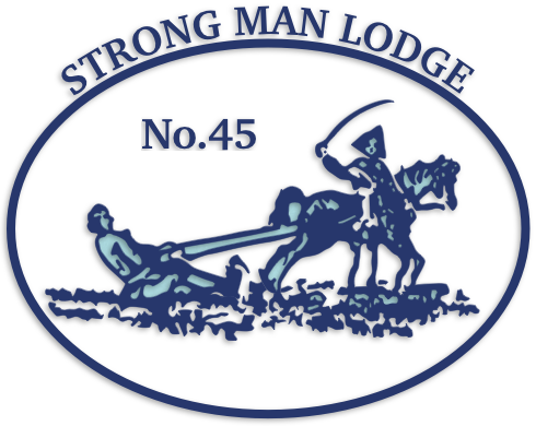 Strong Man Lodge No.45 emblem: engraving showing two farmers involved in horse-drawn field tilling