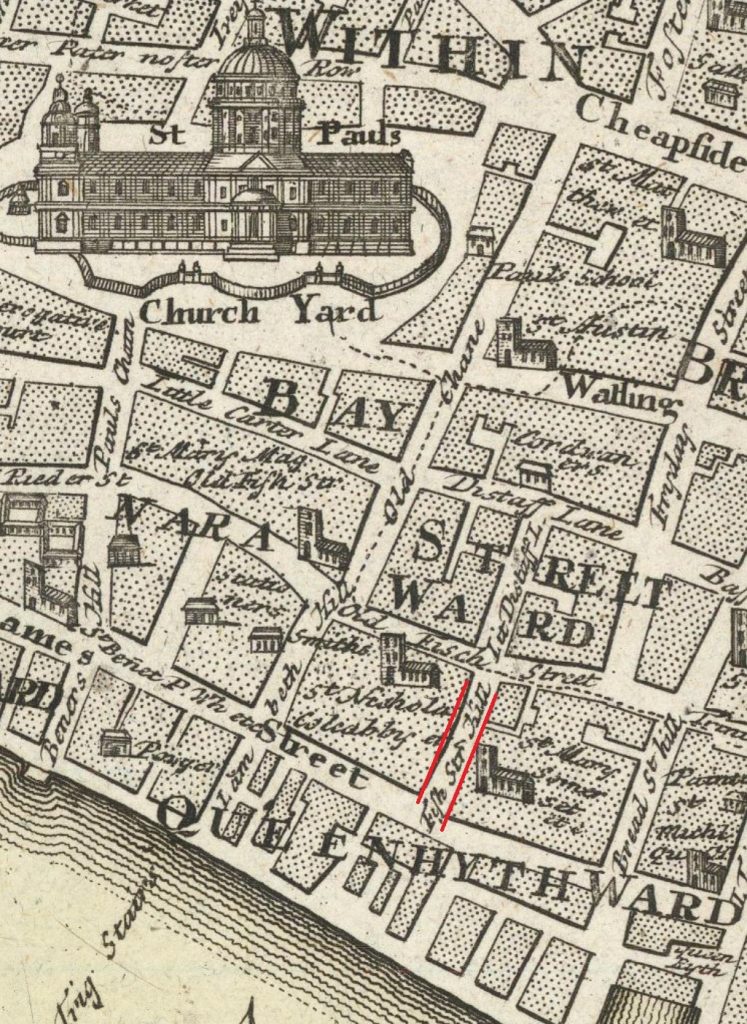 Detail of a map of London published in 1736 by Homann Heirs, showing the area South-East of St. Paul, with "Fish Street Hill" highlighted