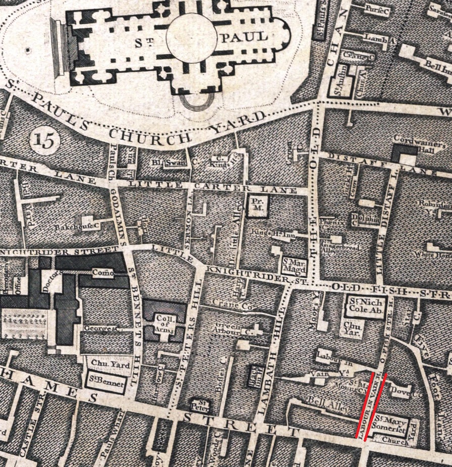 Detail of a map of London published in 1746 by John Rocque, land-surveyor, and engraved by John Pine, showing the area South-East of St. Paul, with "Labour-in-Vain Hill" highlighted in red.
