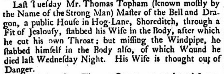 Last Tuesday Mr Thomas Topham (known mostly by the Name of the Strong Man) Master of the Bell and Dragon, a public House in Hog-Lane, Shoreditch, through a Fit of Jealously, stabbed his Wife in the Body, after which he cut his own Throat; but missing the Windpipe, he stabbed himself in the Body also, of which Would he died last Wednesday Night. His Wife is thought out of Danger.